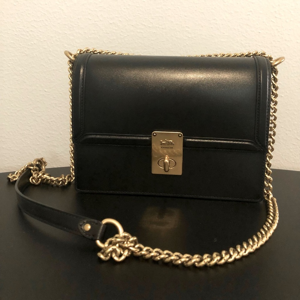 Black Leather Chain-Handle Crossbody Bag - Gold Hardware